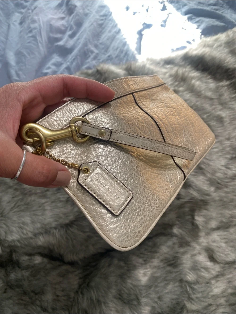 Coach Pebbled Leather Wristlet in Light Taupe